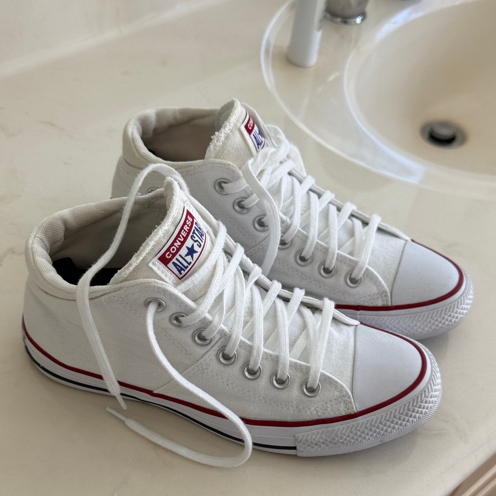Converse White High-Top Sneakers with Red and Blue Accents